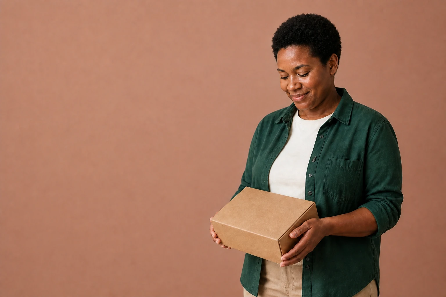 A person holding a plain unmarked shipping box