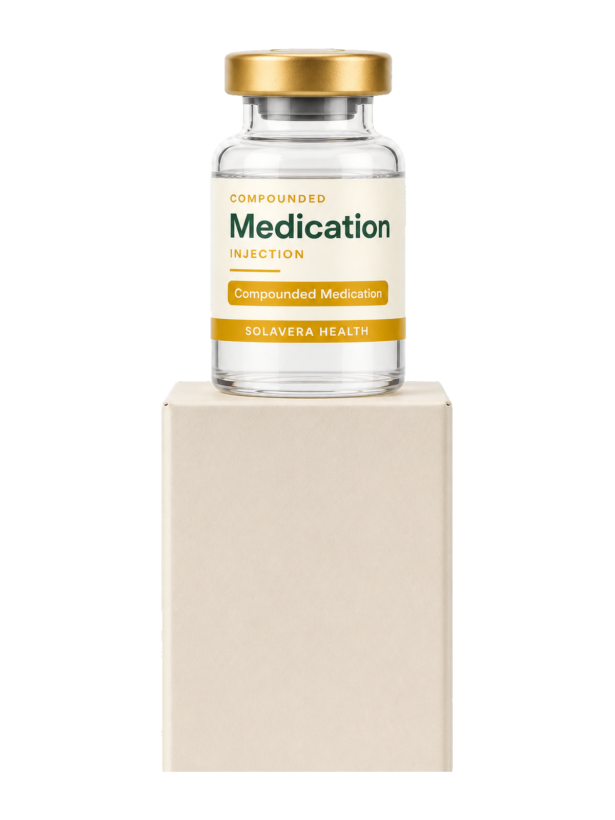 A Solavera Health compounded medication vial standing in front of a plain pharmacy carton