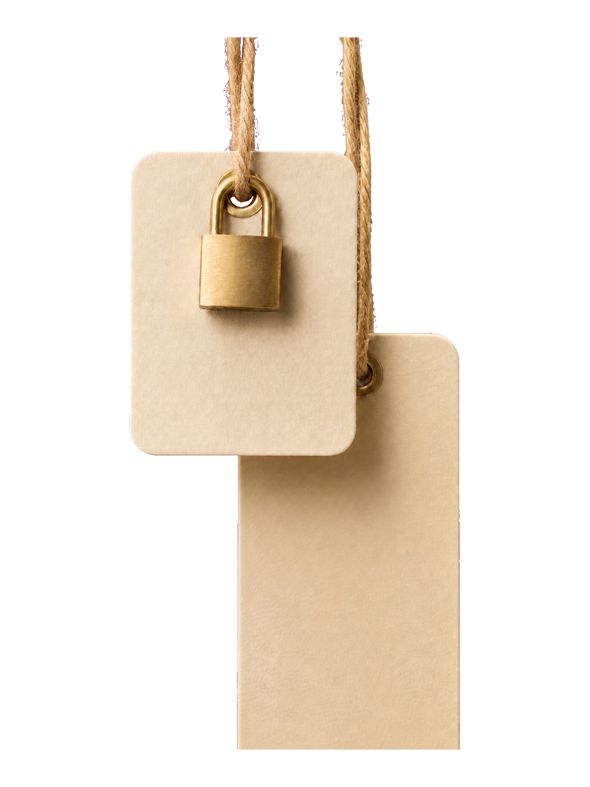 Two blank cream price tags on jute twine, the front one closed with a small brass padlock
