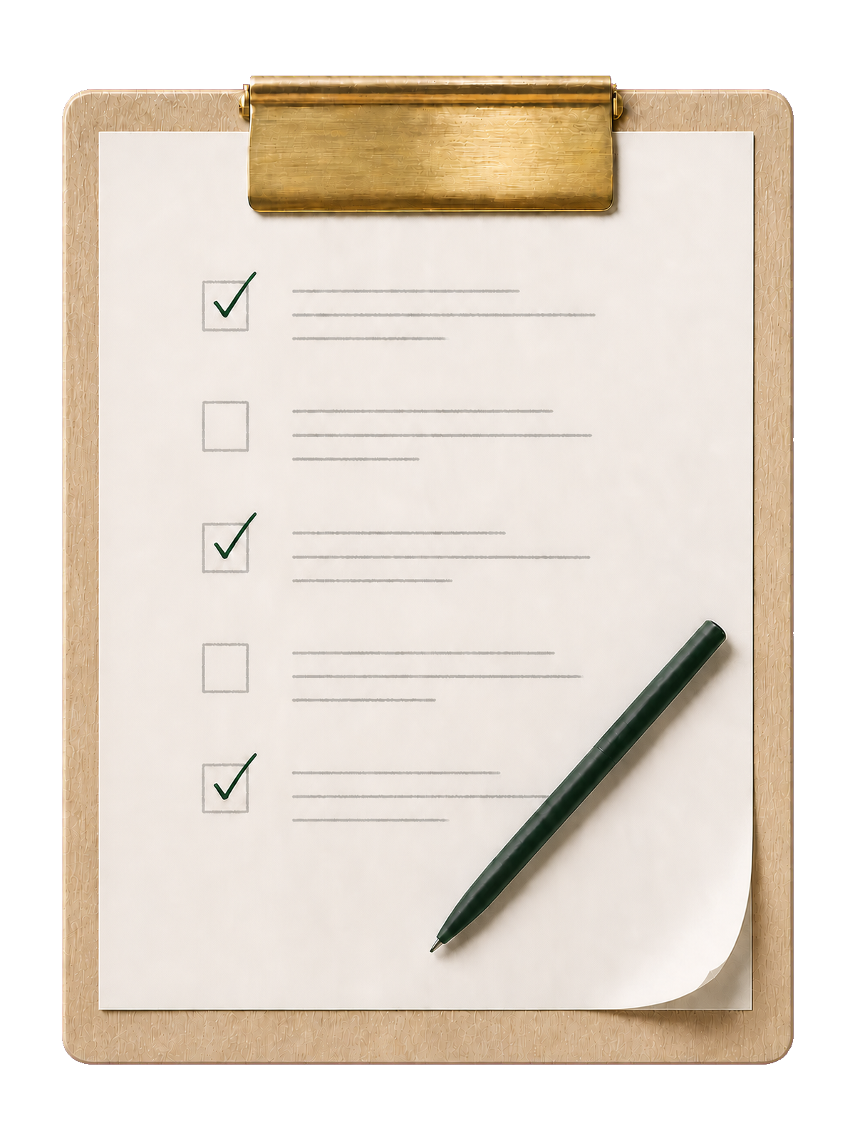 A wooden clipboard holding a reviewed intake form with ticked checkboxes and a pen resting on it