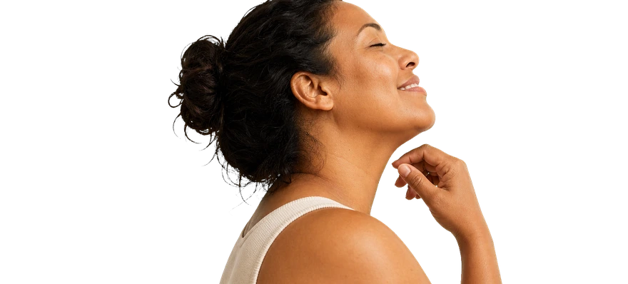 A person pausing in a quiet moment during their day.