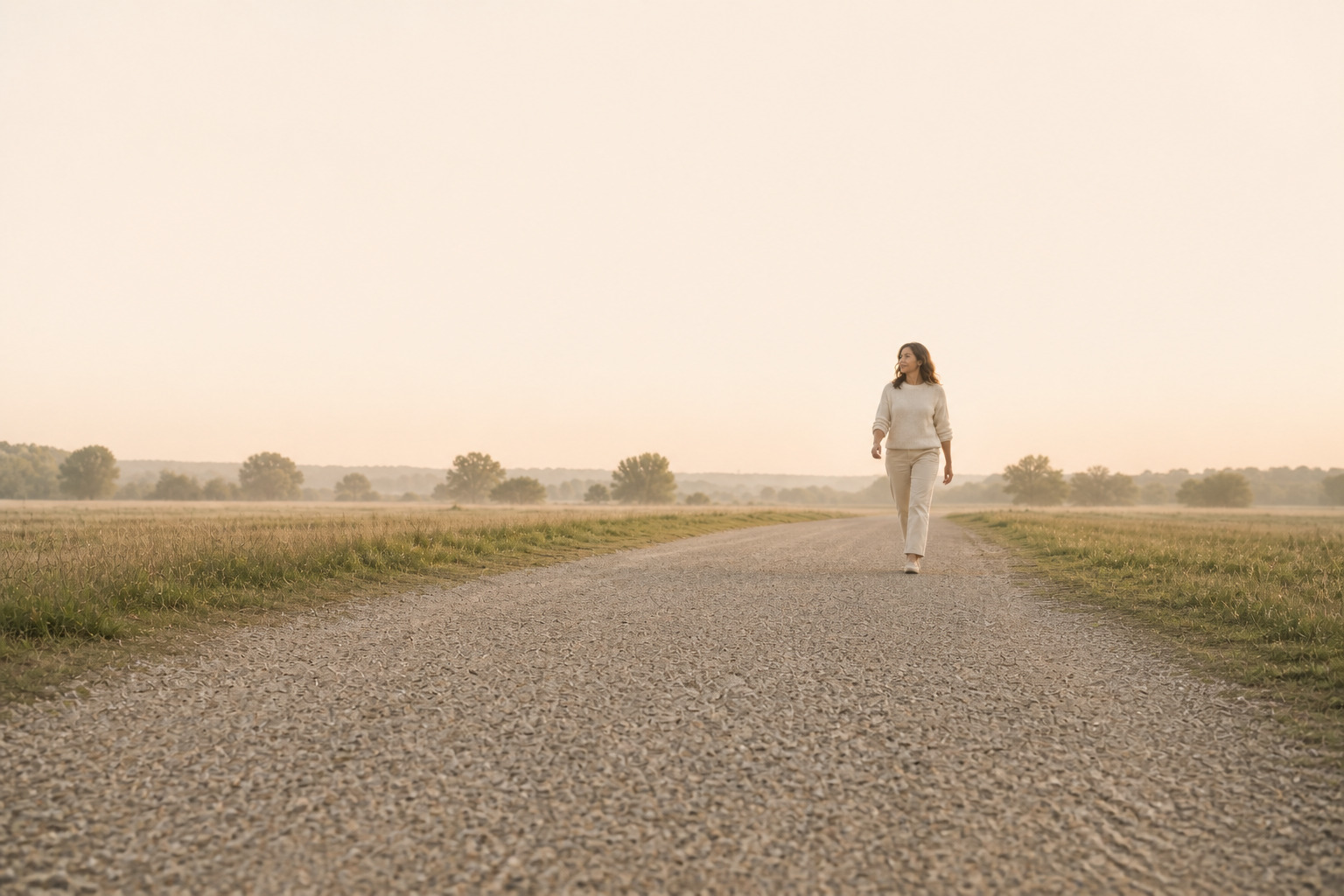 A woman walking outdoors on a gravel path in soft morning light