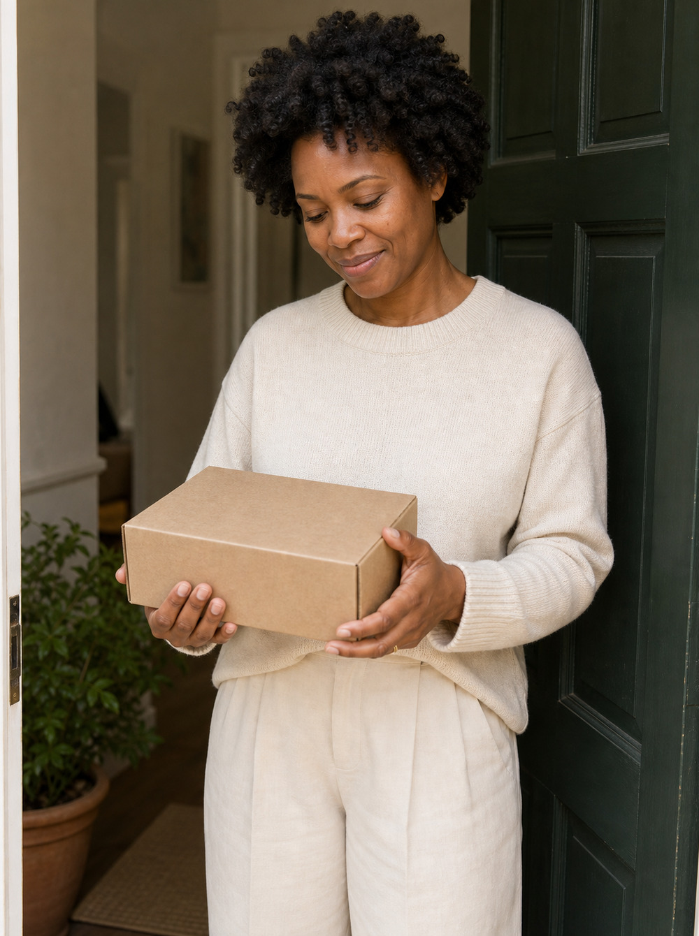 A woman at her front door holding a small plain unmarked parcel